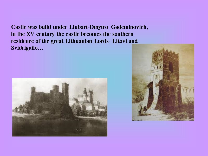 Castle was build under Liubart-Dmytro Gademinovich, in the XV century the castle becomes the